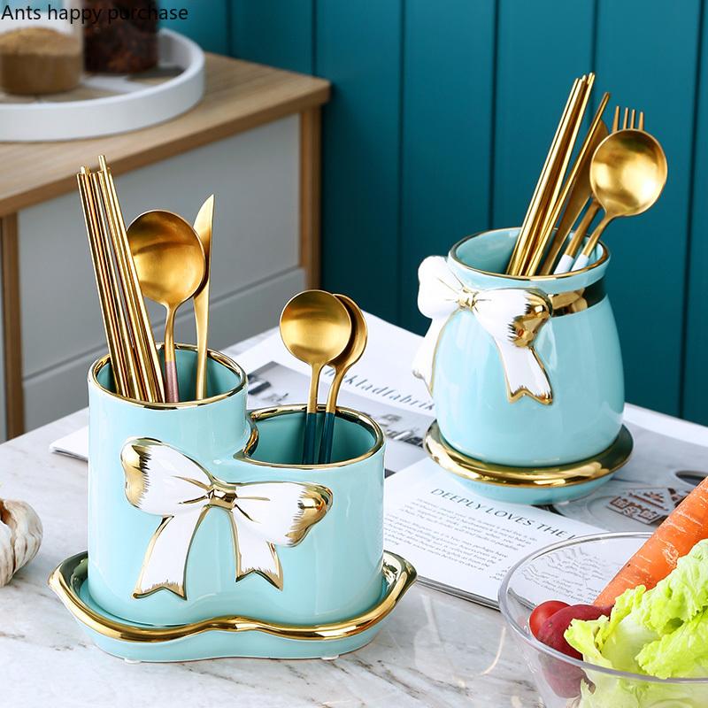 Ceramic Chopsticks Holder Drain Cage Spoon Knife Fork Cutlery Rack Kitchen Tableware Storage Container Chopsticks Organizer