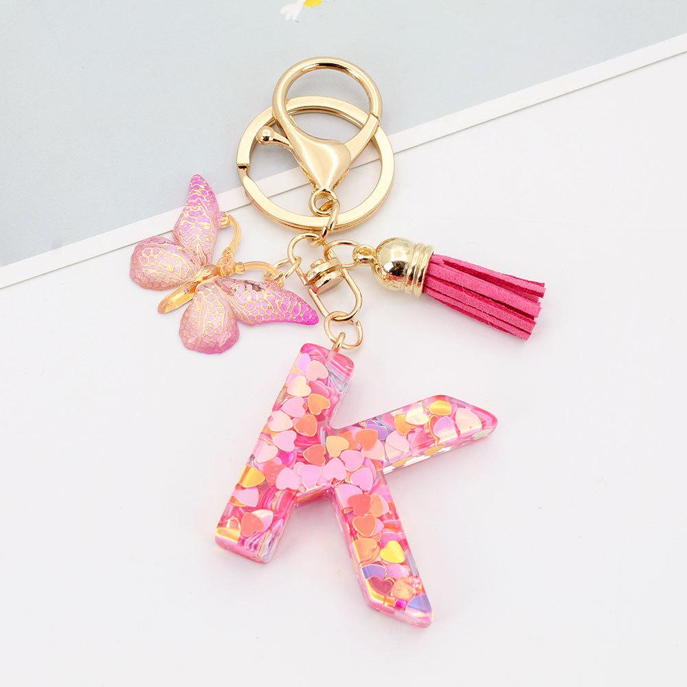 Fashion A-Z Letters Acrylic Keychain for Women Pink Butterfly Tassel Alphabet Car Key Ring Bag Charms Accessories Gift Jewelry