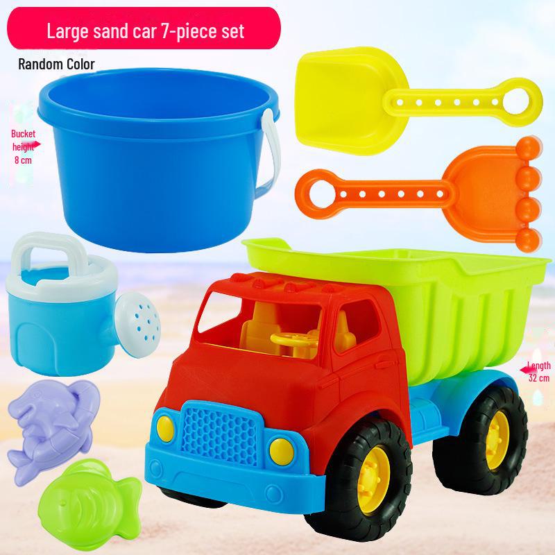 Strandspielzeug-Set für Kinder: Sandwerkzeuge, Sanduhr, Spielzeugauto und Eimer