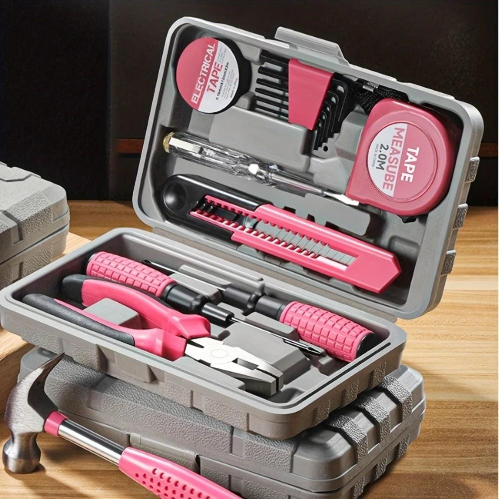 Durable Pink/Yellow DIY Tool Kit Household Compact Hand Tool Kit Metal Toolbox Home Use