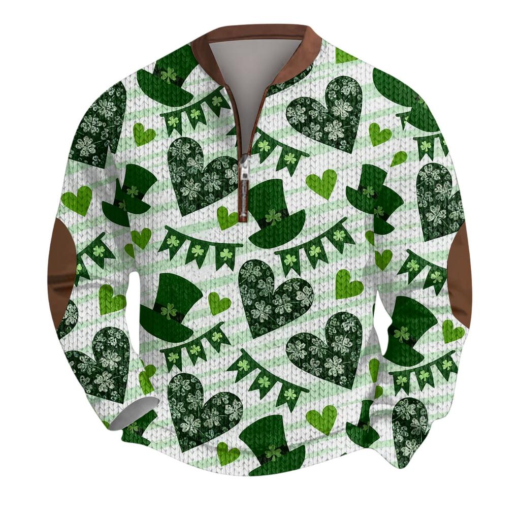 Mens Christmas Sweater Zip Up Sweatshirts Vintage Knit Graphic Sweatshirt St. Patrick's Day Stand Collar Pullover