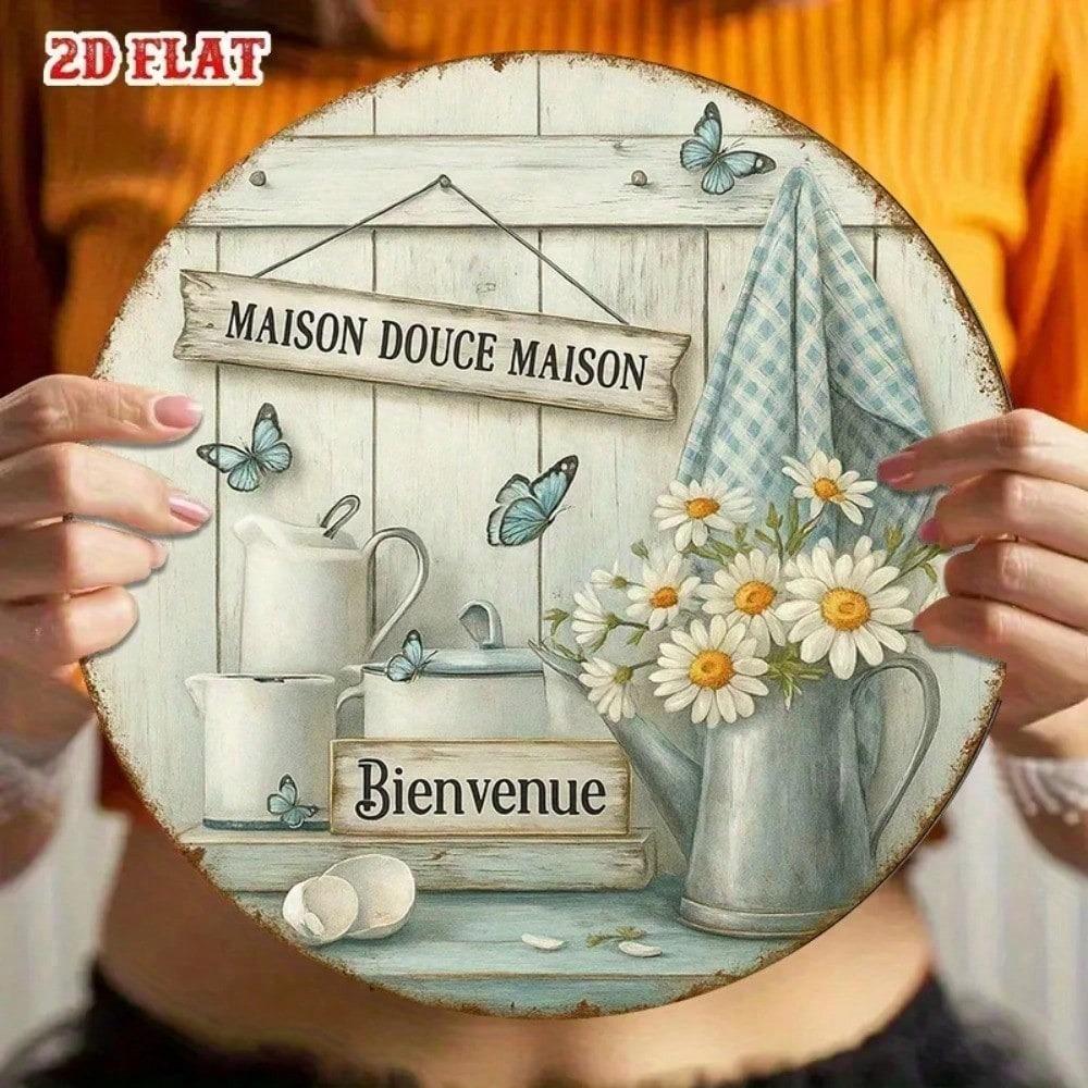 Vintage French Aluminum Welcome Home Round Sign 8x8 Inch Indoor Outdoor Decor