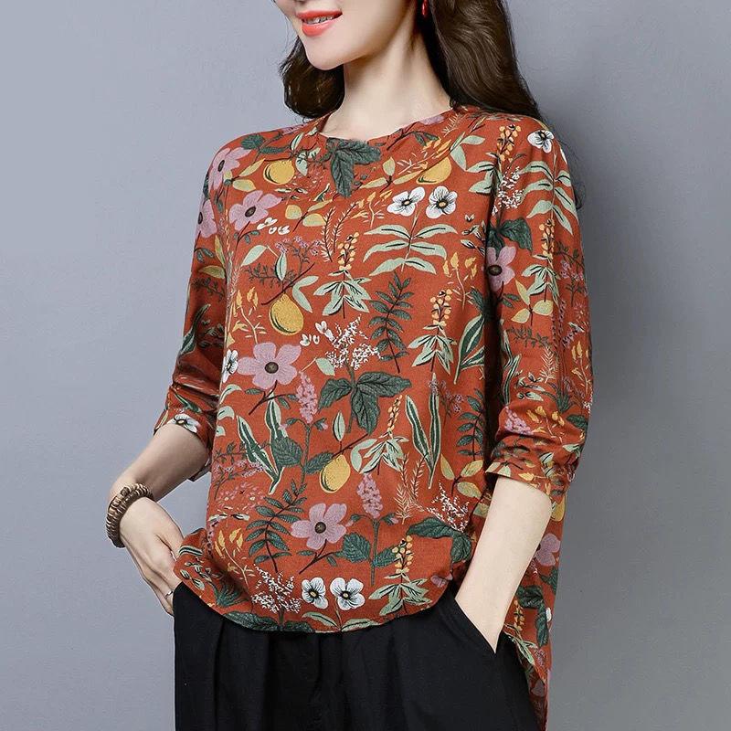 Floral Long-sleeved T-shirt Women's Spring and Autumn Models, Large Size Middle-aged Mothers, Western-style Bottoming Shirt, Literature and Art