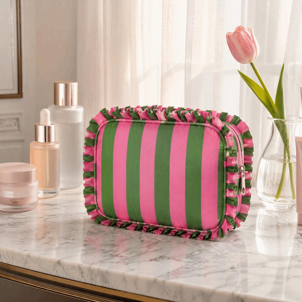 Ruffle Decoration Cosmetic Bag Striped Travel Pouch Multipurpose Makeup Organizer  Women