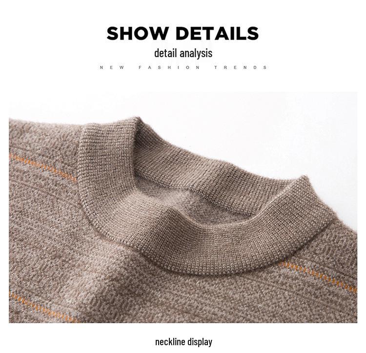 Men's 100% Pure Cashmere Thickened Fleece-Lined Winter Sweater - Solid Color, Round Neck, for Middle-Aged.