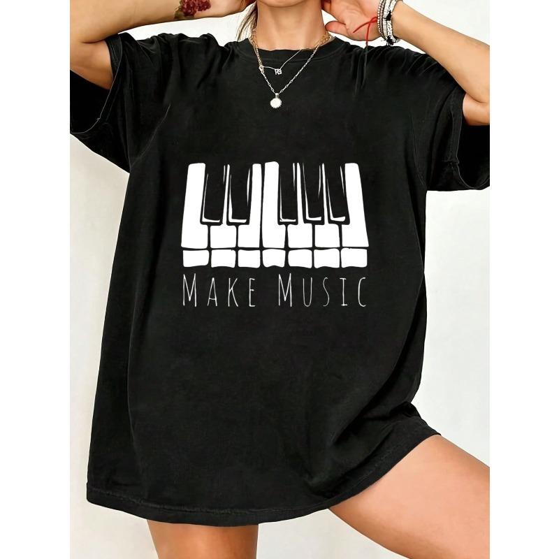 Oversized T Shirt Black Piano Keys Make Music Print Casual Wear For Women Music Lovers Streetwear Fashion