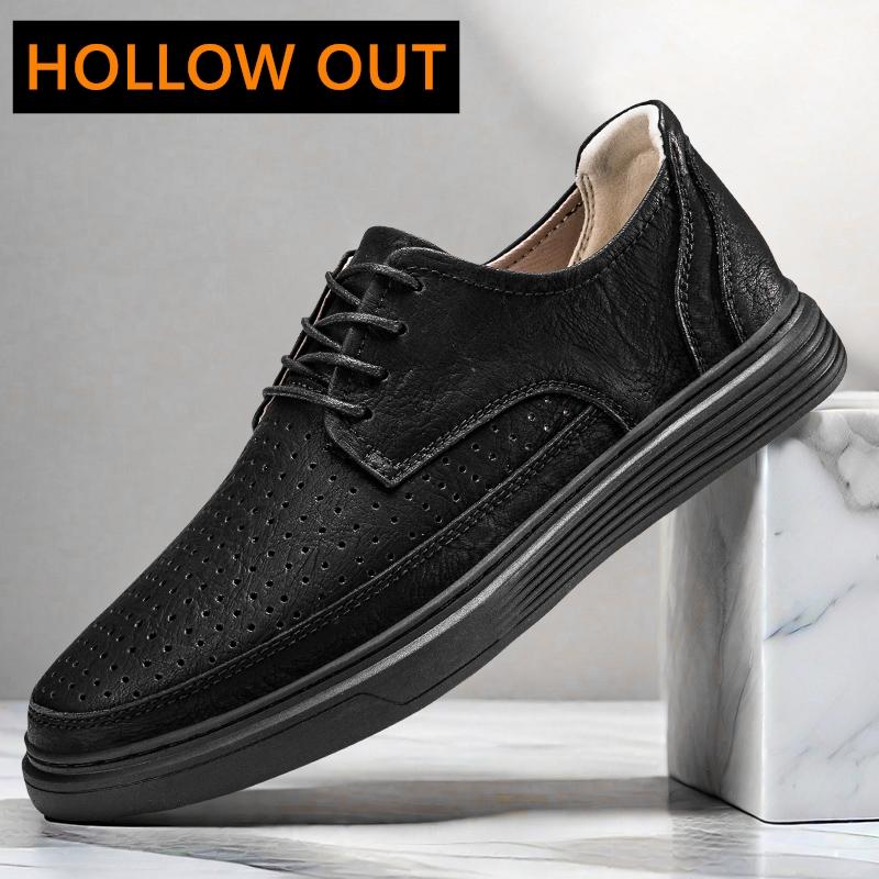 4.5cm Men's Height Increase Leather Loafers Lift Leather Breathable Comfortable Elevator Casual Shoes Hollow Out & All-Season