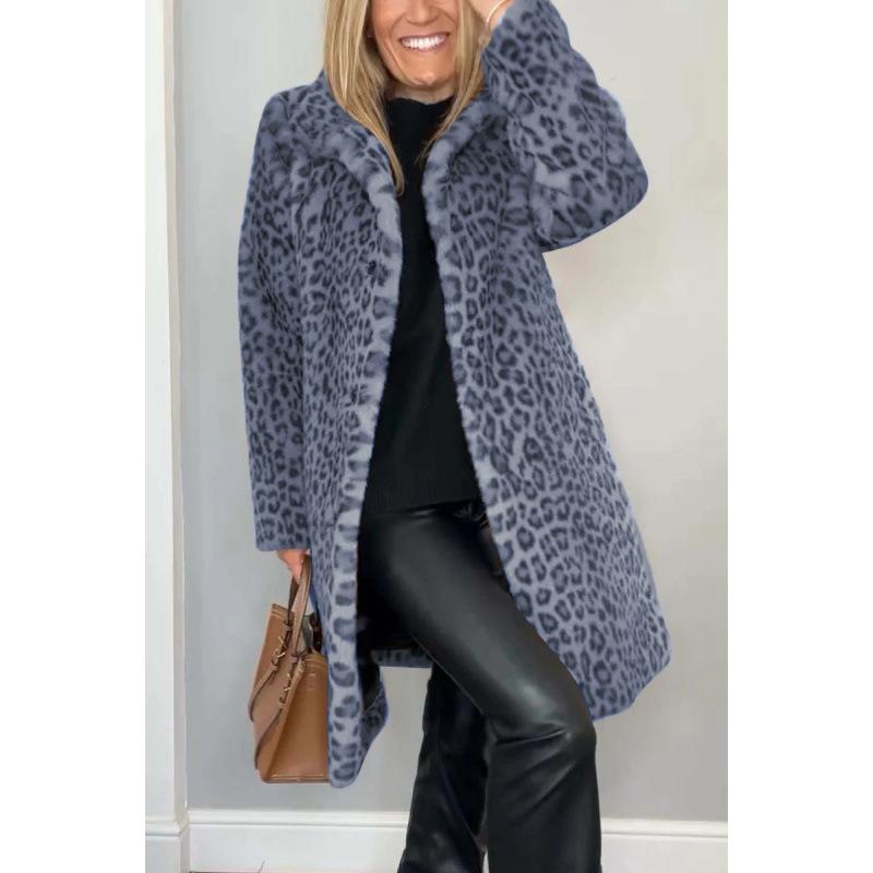 2024 Winter New Foreign Trade Women's Jacket, Best-Selling Fashionable Leopard Print Lapel Faux Fur Wool Top