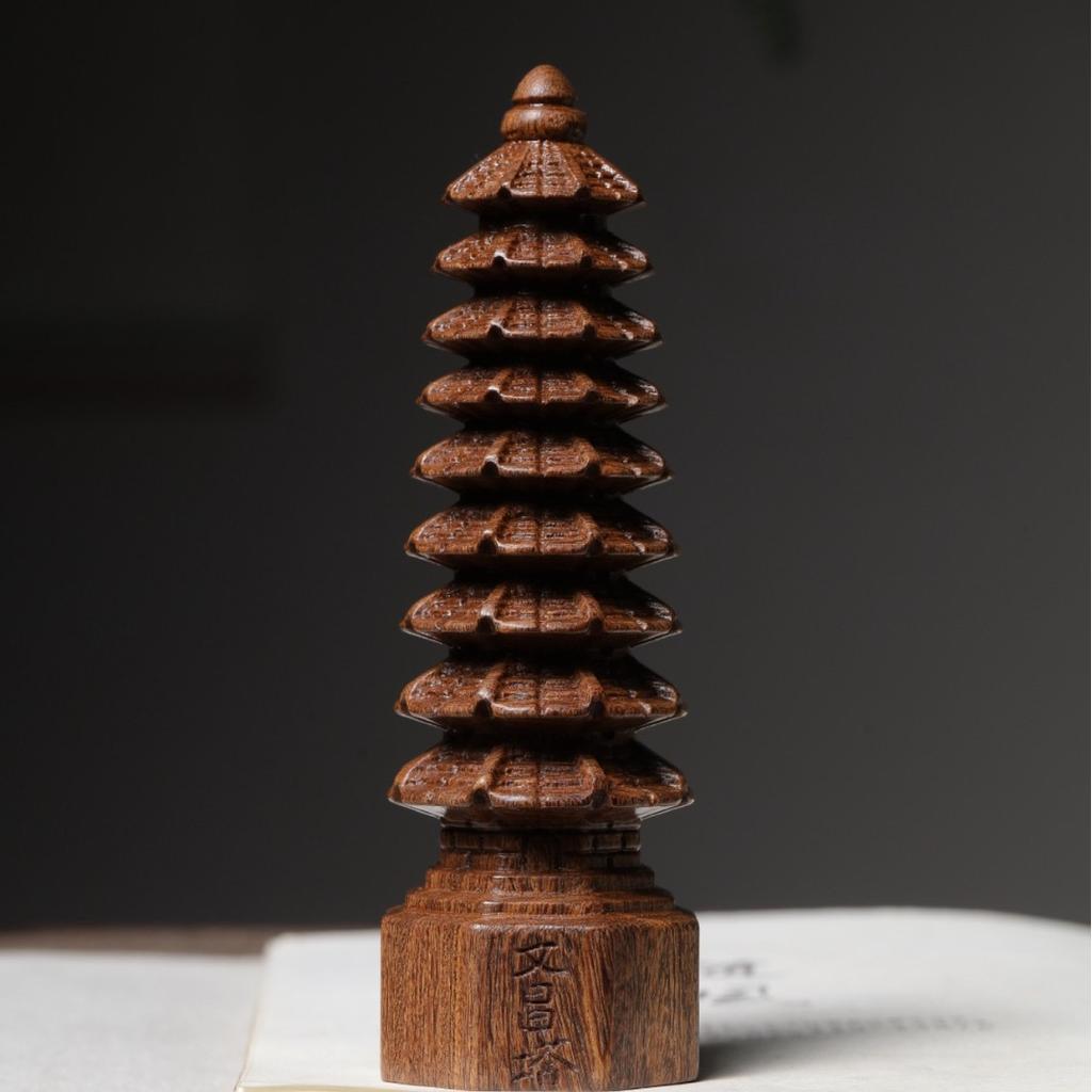 Wooden Figurines Tower Statue Wooden Tower Sculpture Home Living Room Decoration Ancient Architectural Style Figurine