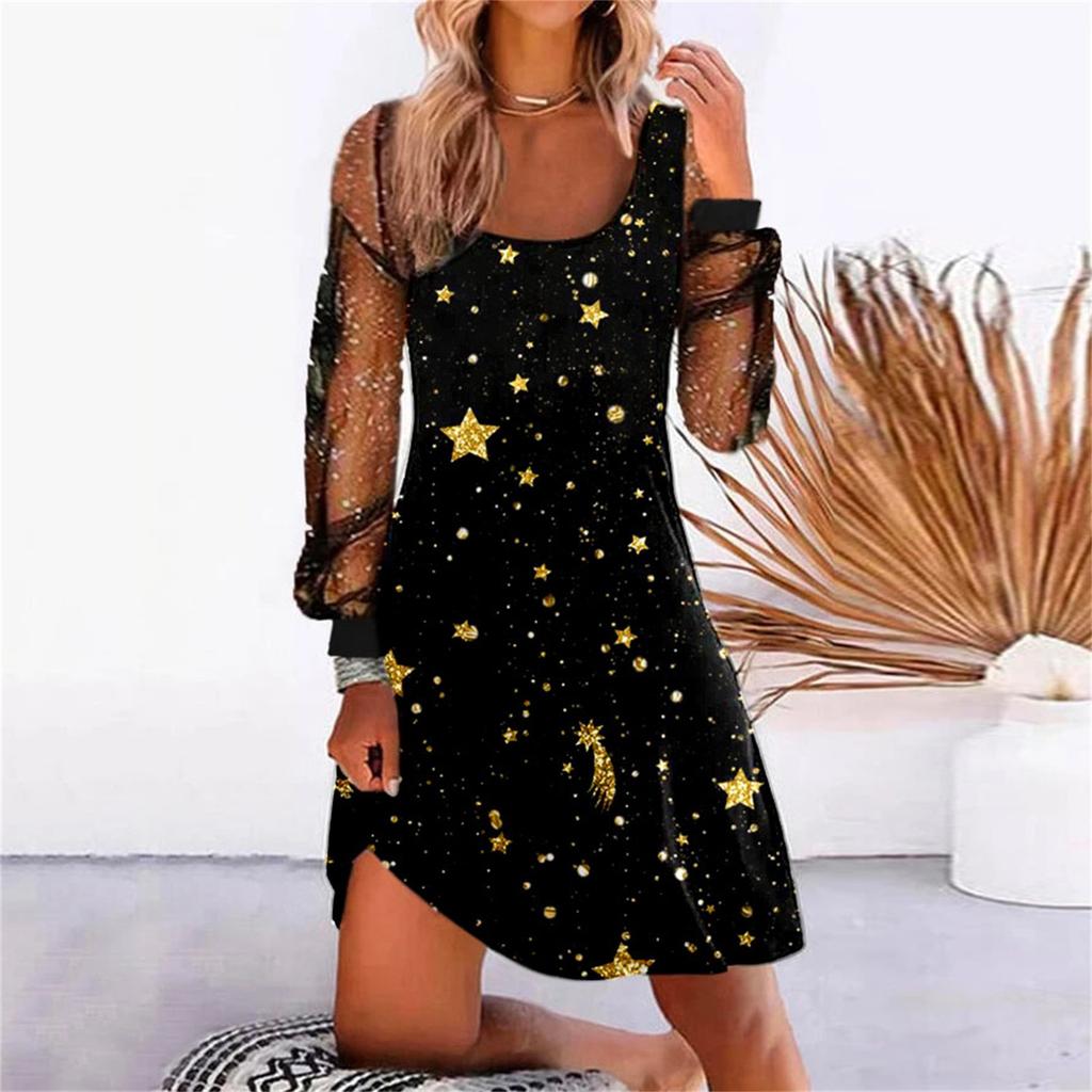 Women Dress See-through Mesh Patchwork U Neck Loose Shiny Sequin Long Sleeve Soft Irregular Hem Pullover Mini Dress