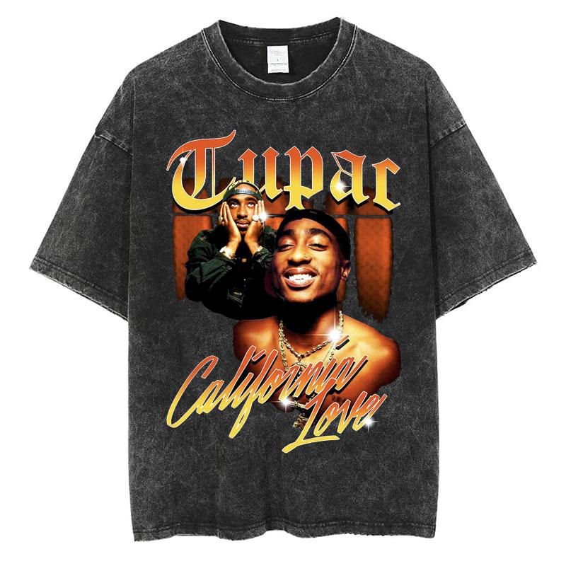 Rapper Tupac 2pac All Eyez On Me Cross Vintage Washed T Shirt Men Hip Hop Fashion Retro Tshirt Mens Casual Oversized Tshirts