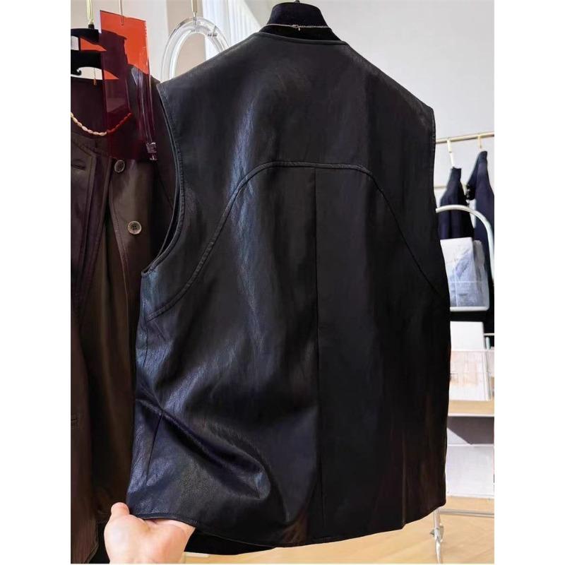 Gilet in Pelle da Donna Autunnale di Alta Moda Design Chic Unico Girocollo Senza Maniche Taglie Forti Gilet da Sovrapporre Capo Esterno per Donne