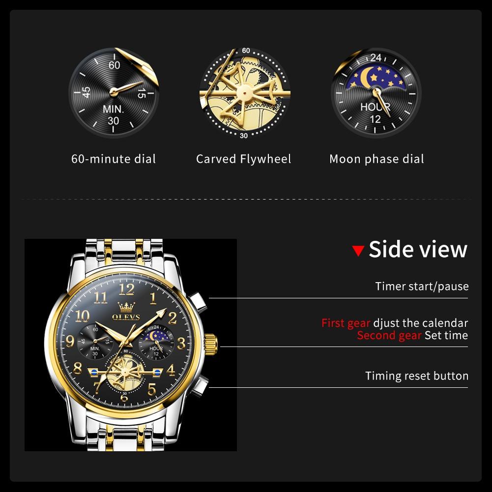 OLEVS Fashion Business Mens Wristwatches Gold Clock Male Stainless Steel Waterproof Calendar Quartz Watches