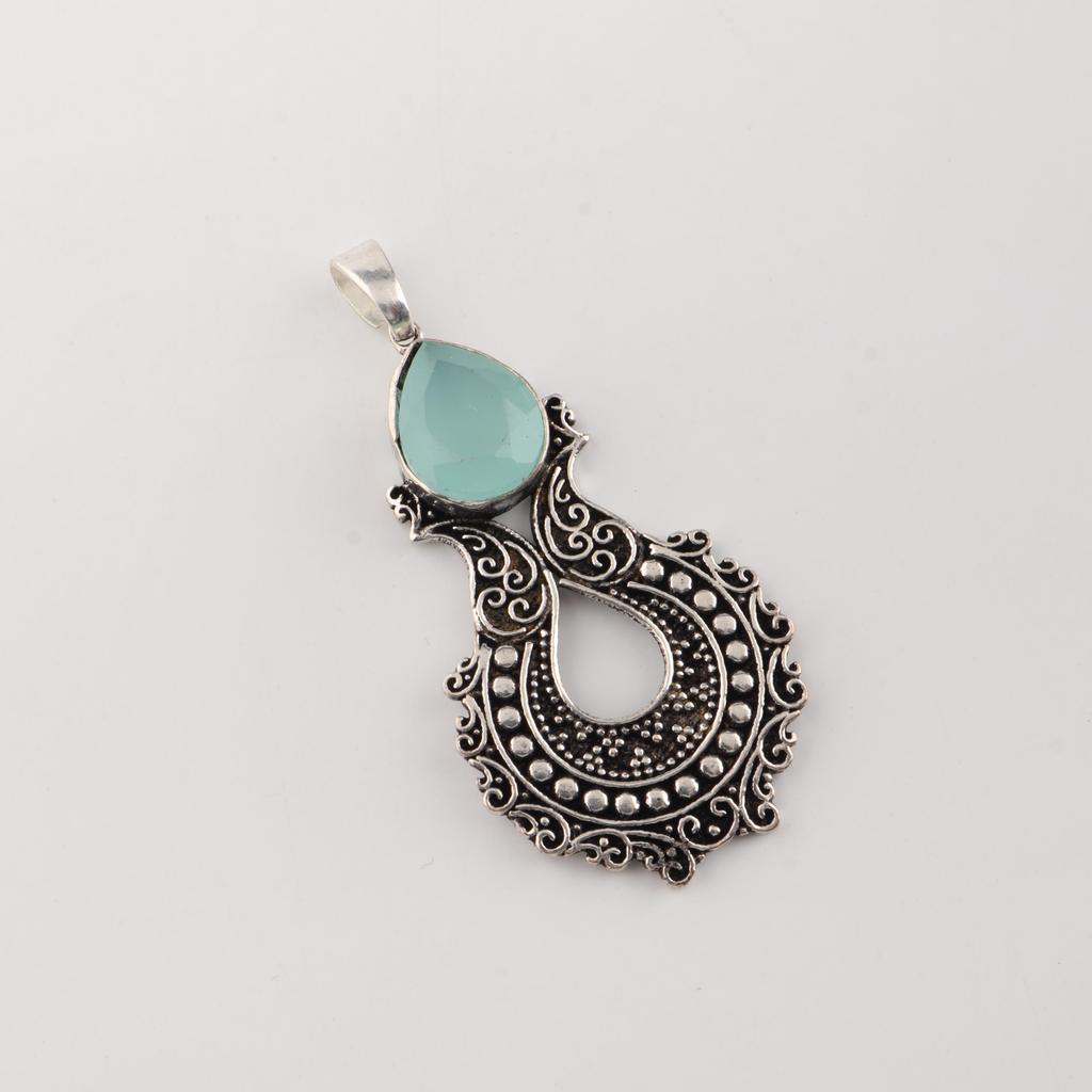 Aqua Chalcedony Gemstone 925 Sterling Silver Jewelry Partywear Pendant 1.8" For Women CP-45-20