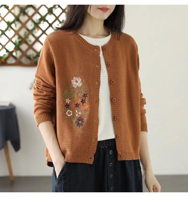 Retro Bestickt Rundhals Wolle Mischung Gestrickt Cardigan Damen Locker Vielseitig Herbst Winter Langarm Außen