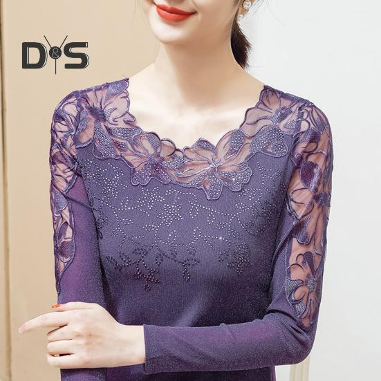 Dameoverdeler Rundhals Langermet Mesh Blonder Broderi Pullover Topper Ensfarget Slim Fit Bluse Daglig slitasje