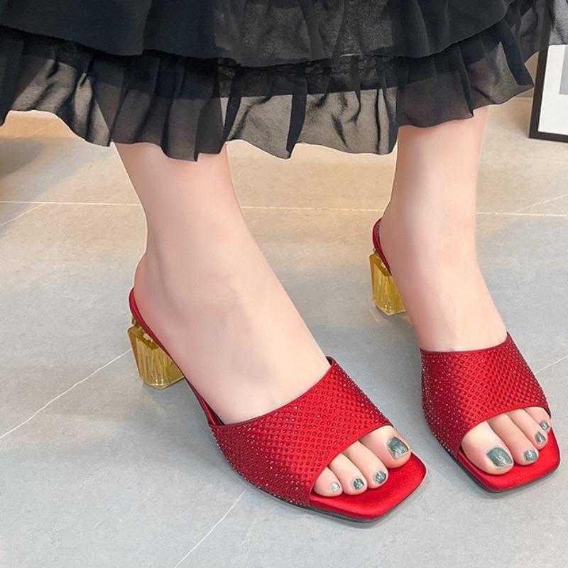Fashion Women s High Heels Summer New Square Head Open Toe Crystal Shallow Mouth Set Foot Anti-slip Wear-resistant Slippers 35 4147₽