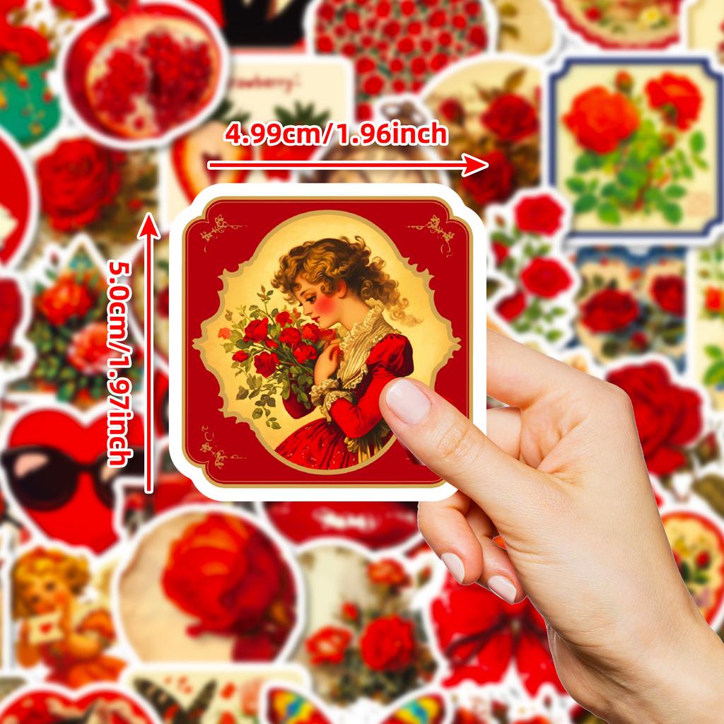 50Pcs Red Aesthetic Vintage Rose Stickers - Non-repeating Decals for Phone/Notebook/Cup Decor