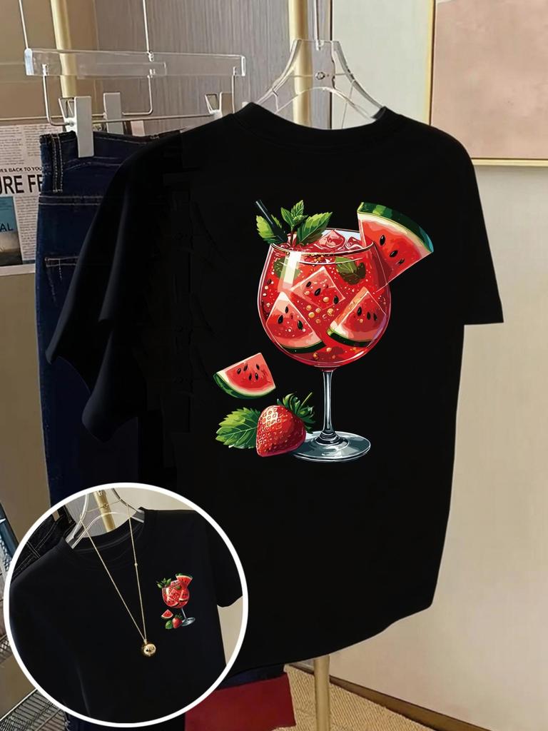 WomenS Summer Watermelon Juice Print Crew Neck Tee with Red Green Fruit Design Harajuku Short Sleeve Casual Aesthetic Clothes