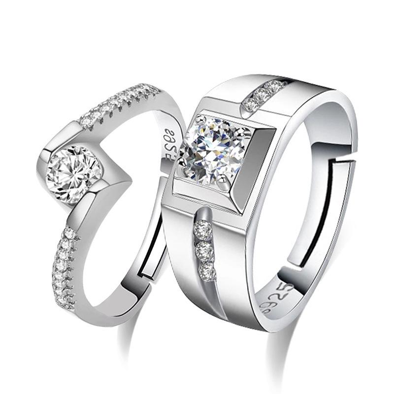 European & American Silver-Plated Zircon Wedding Rings - Korean Style Open Couple Rings for Women