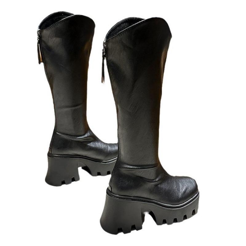 Autumn British Muffin Bottom Round Head Thick Heel Boots Women's Rear Zipper Thick Sole But Knee High Heel Fashion Boots
