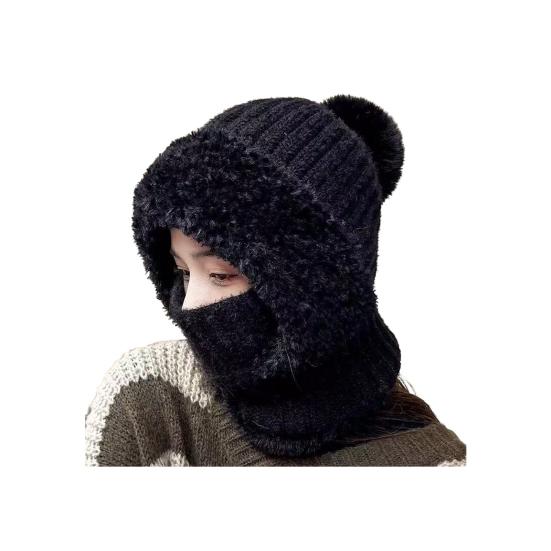 

Шапка с гибкой регулируемой лицевой частью, плюшевым помпоном, утолщенной флисовой защитой, однотонная, трехслойная чёрный