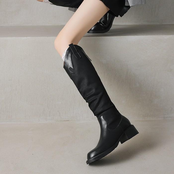 Cowhide Version~ Leather Stacking Boots American Retro Thick Heel Western Cowboy Boots Female Knight Boots V-mouth Boots