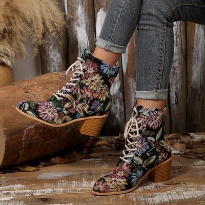 Lace-up High-heeled Single Boots for Women, Autumn and Winter New Large-size Pointed-head Embroidered Thick-heeled Martin Boots for Women