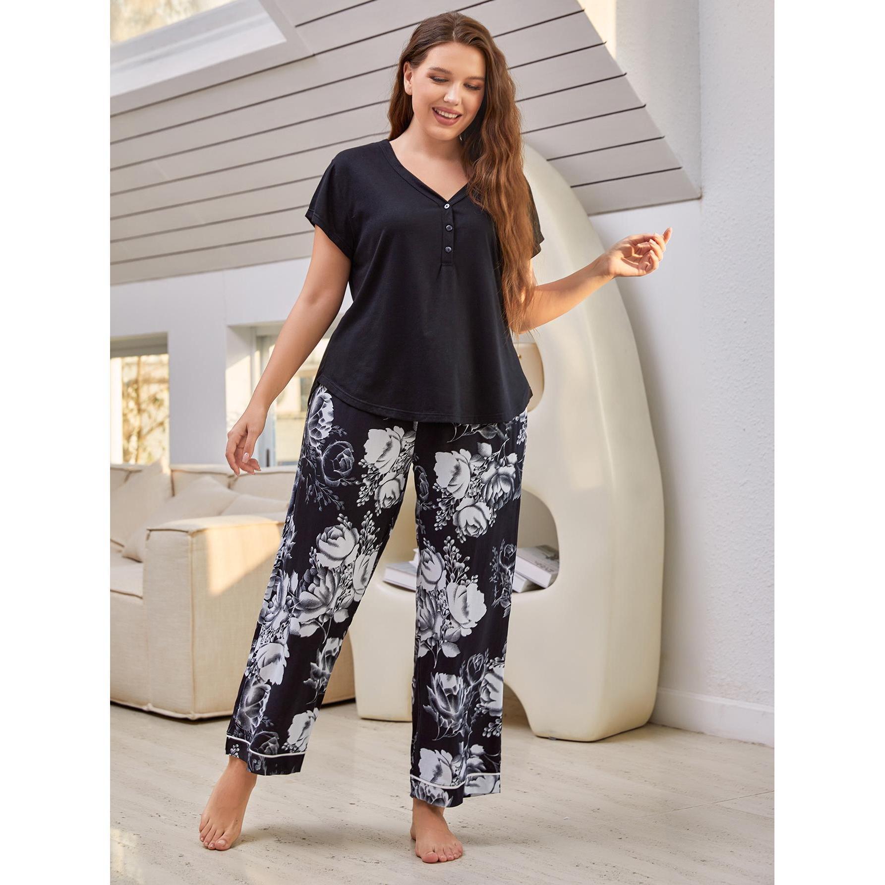 

Large-size Pajamas for Women, Spring and Summer Short-sleeved Shirt and Long Pants, Large-size Home Wear 4XL