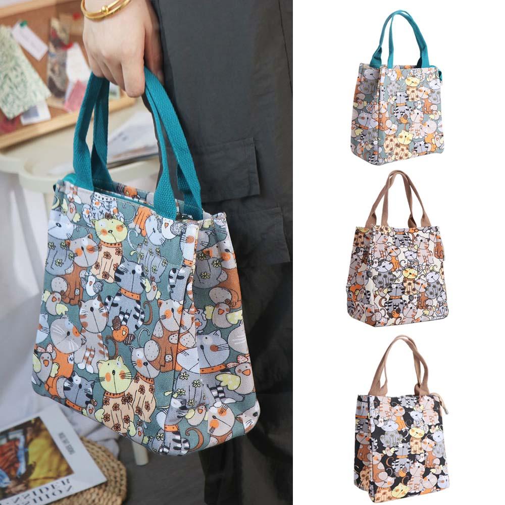Storage Bag Portable Mommy Bag Cat Pattern Canvas Handbag Top-handle Cartoon Lunch Bags  Students