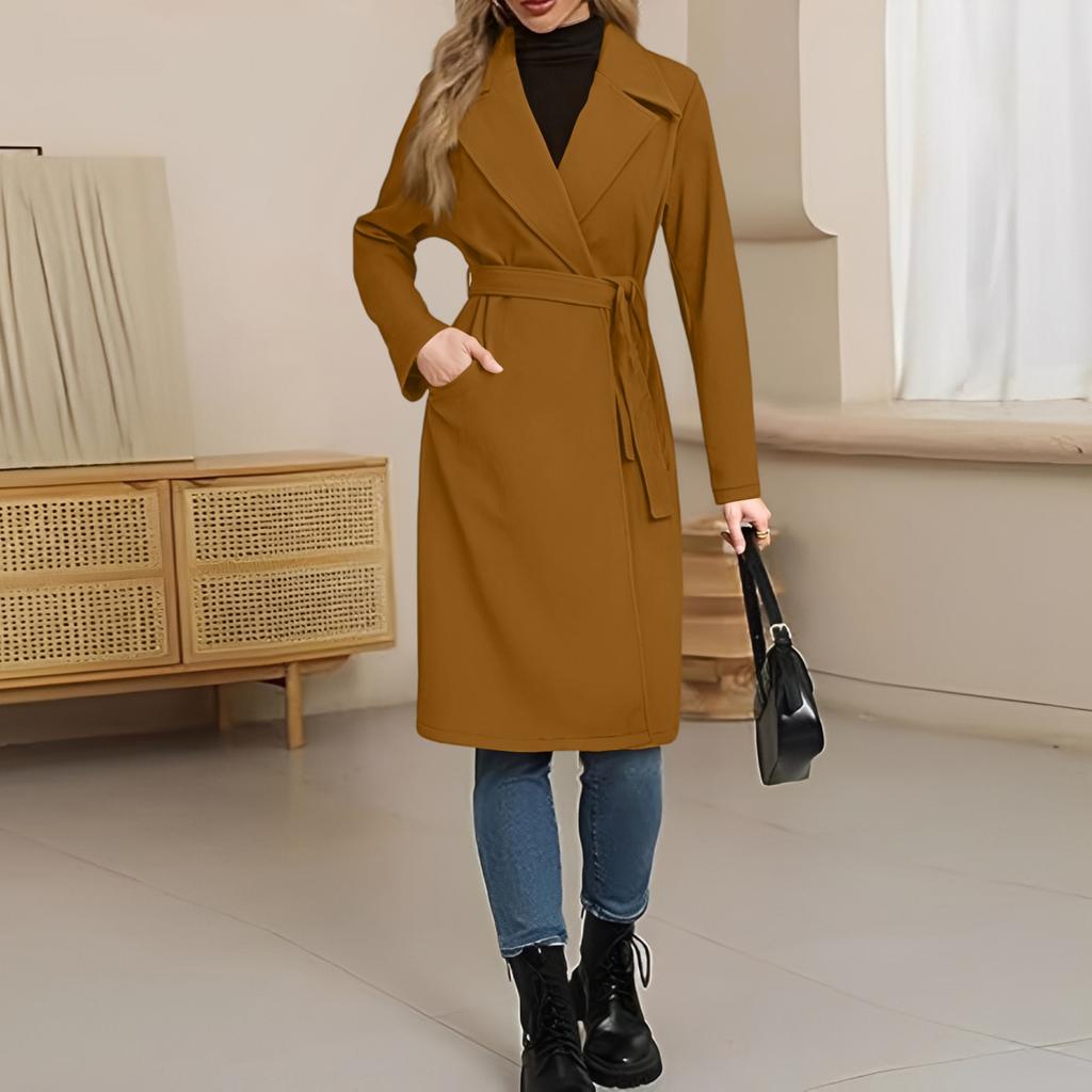 Women's Casual Fashion Solid Color Long-sleeved V-neck Tie Long Woolen Coat