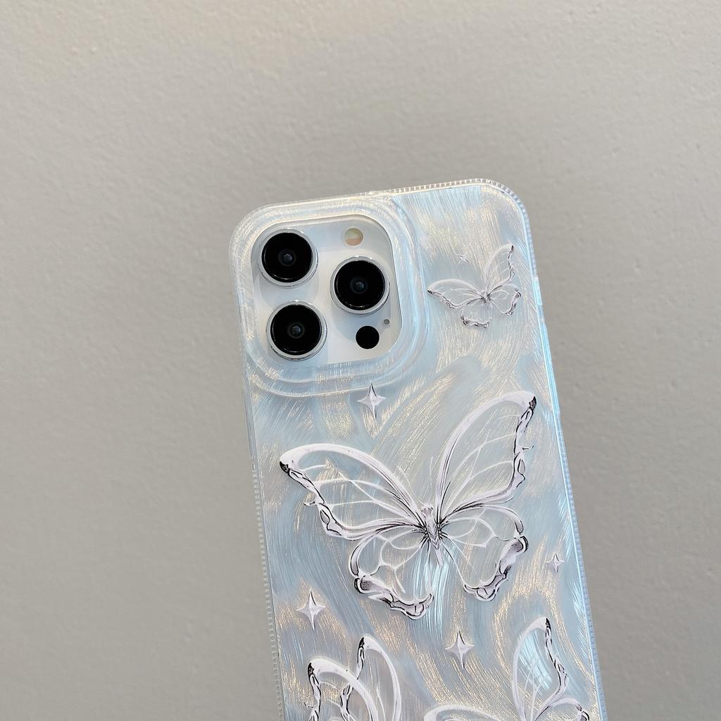 Fortschrittliches Federgarn für IPhone 16 Pro Silber Schmetterling Handyhülle für Apple 12 Hart 14 Kette Schutzhülle