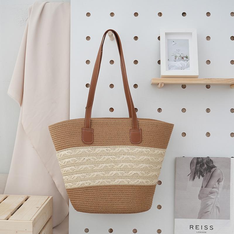 Pastoral Cotton Rope Woven Bag Women's Summer Large-capacity Striped Shoulder Bag Vegetable Basket Seaside Beach Tote Bag