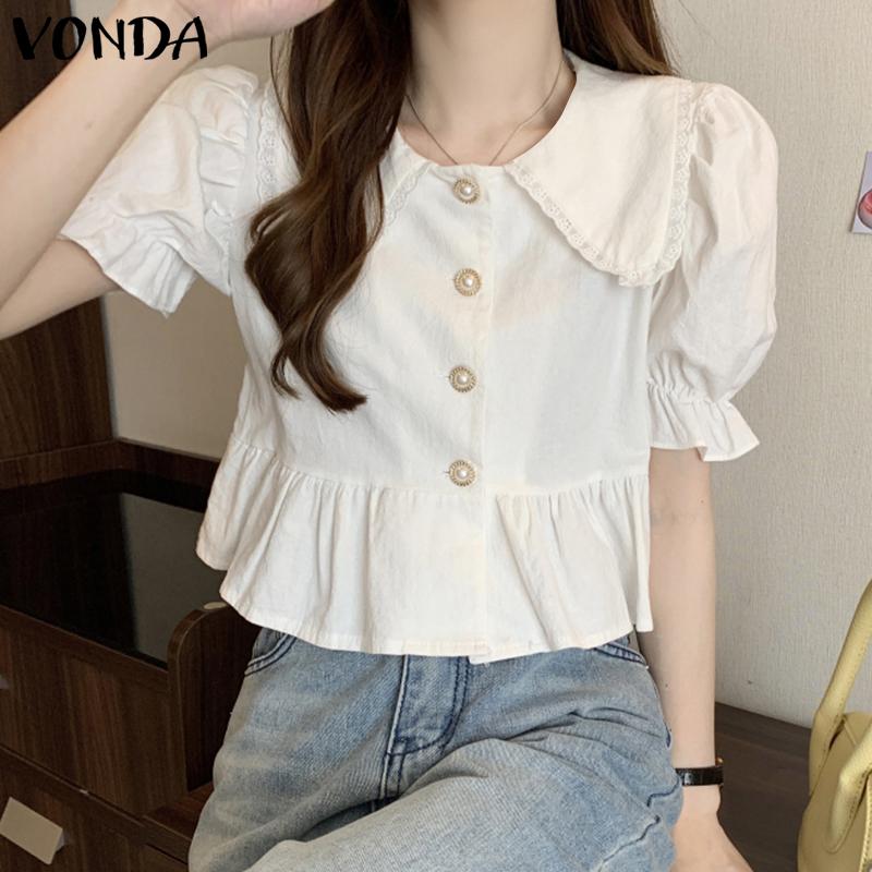 

Рубашка с кукольным воротником VONDA, женские повседневные топы с пышными рукавами и короткими рукавами