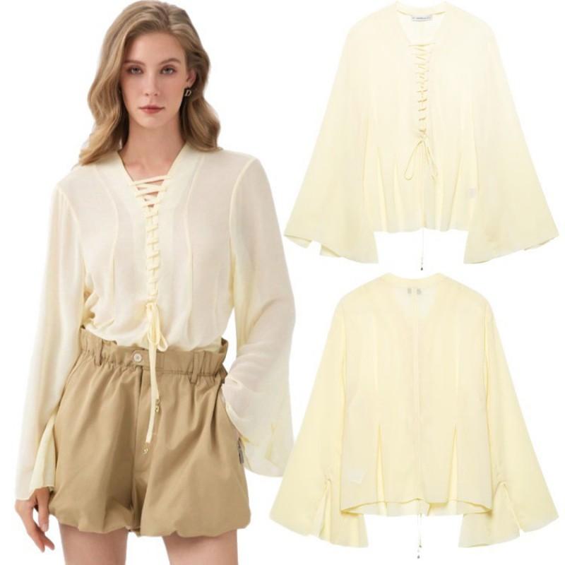 Womens Loose V-Neck Long Sleeve Shirt With Tie Detail Solid Color Casual Chic Top 2025