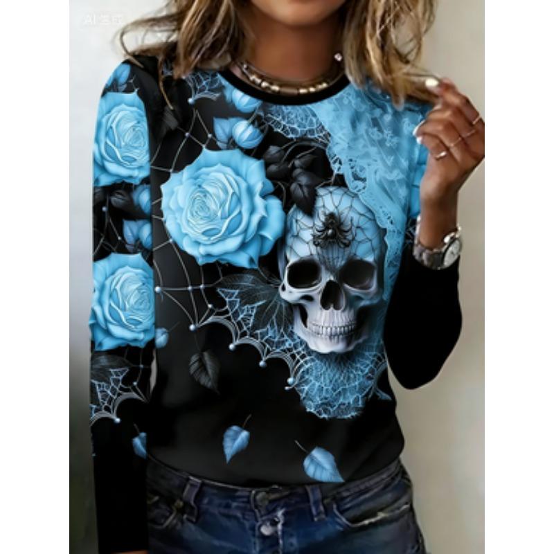 (Halloween neuer Stil) Rundhals-T-Shirt mit Totenkopf-Blumen-Print und langen Ärmeln