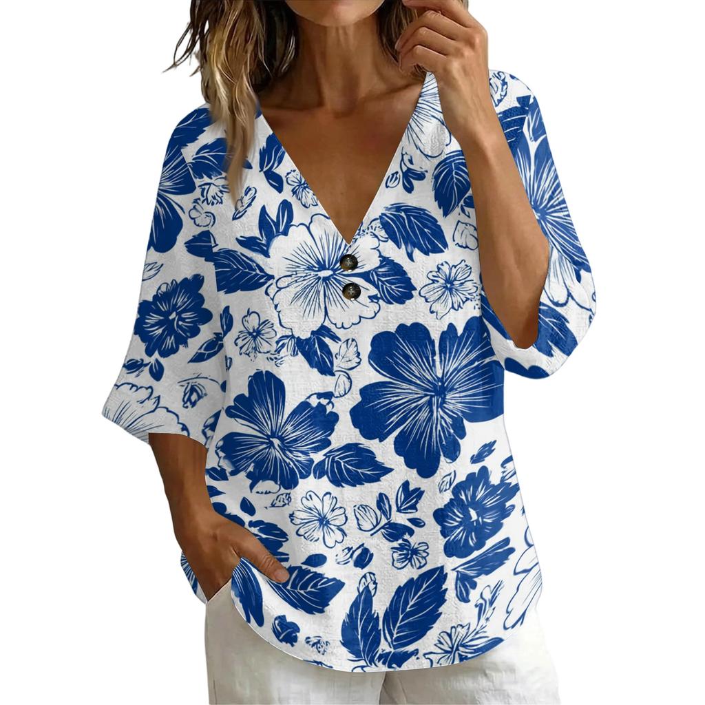 Women V Neck Vintage Floral Print Loose Fit Short Sleeve T Shirt Linen Blend Comfortable Casual Top for Daily Wear