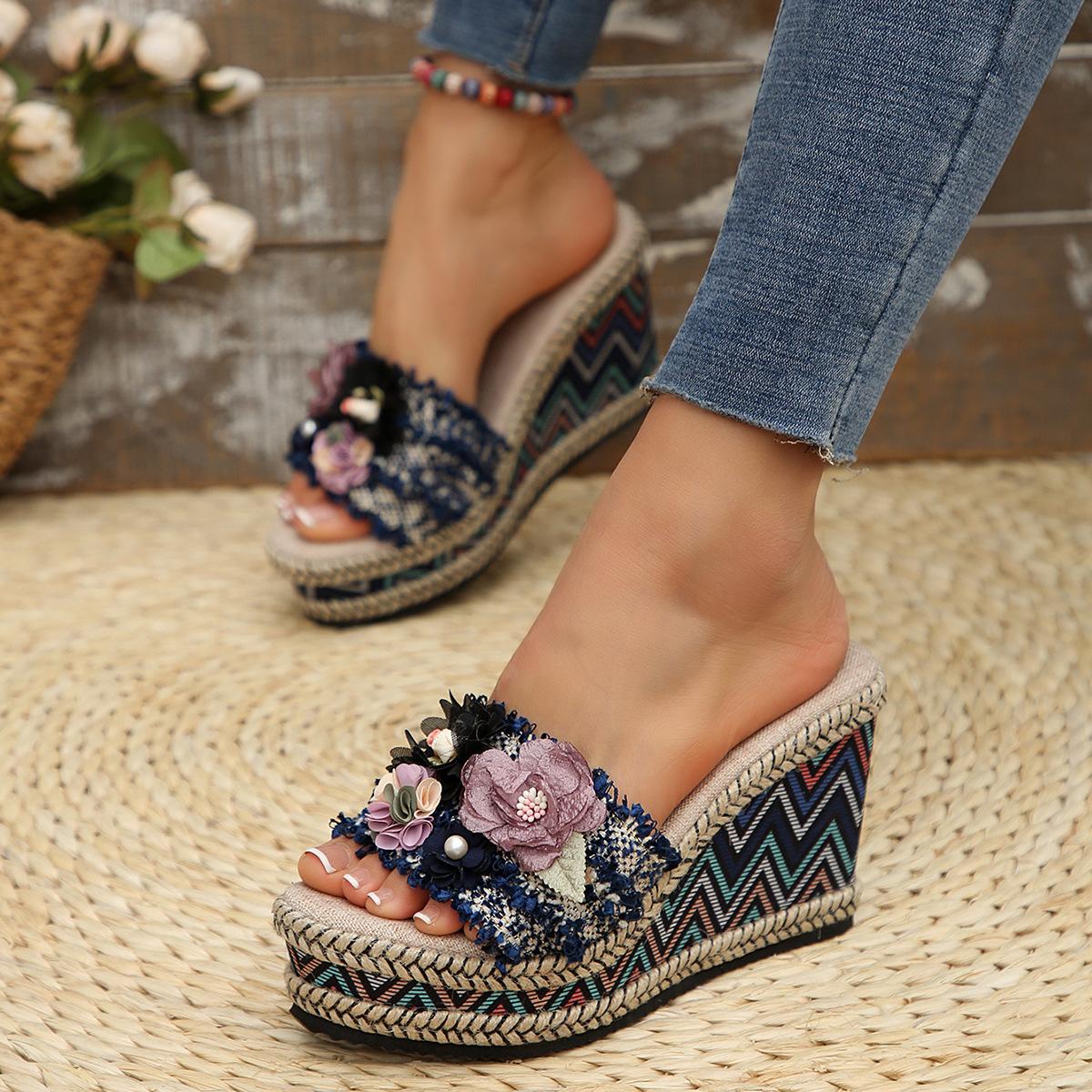 

2025 summer foreign trade large size women s outer wear wedge heel high heel fish mouth bohemian slippers 36 чёрный