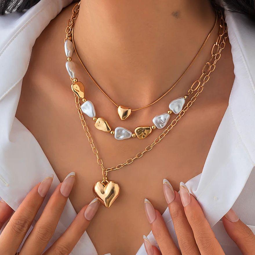 Ingemark 3 stuks/set Boho Imitatie Parel Chokers Kettingen Dames Trendy Metalen Hart Hanger Nek Accessoires 2026 Nieuwjaars Sieraden