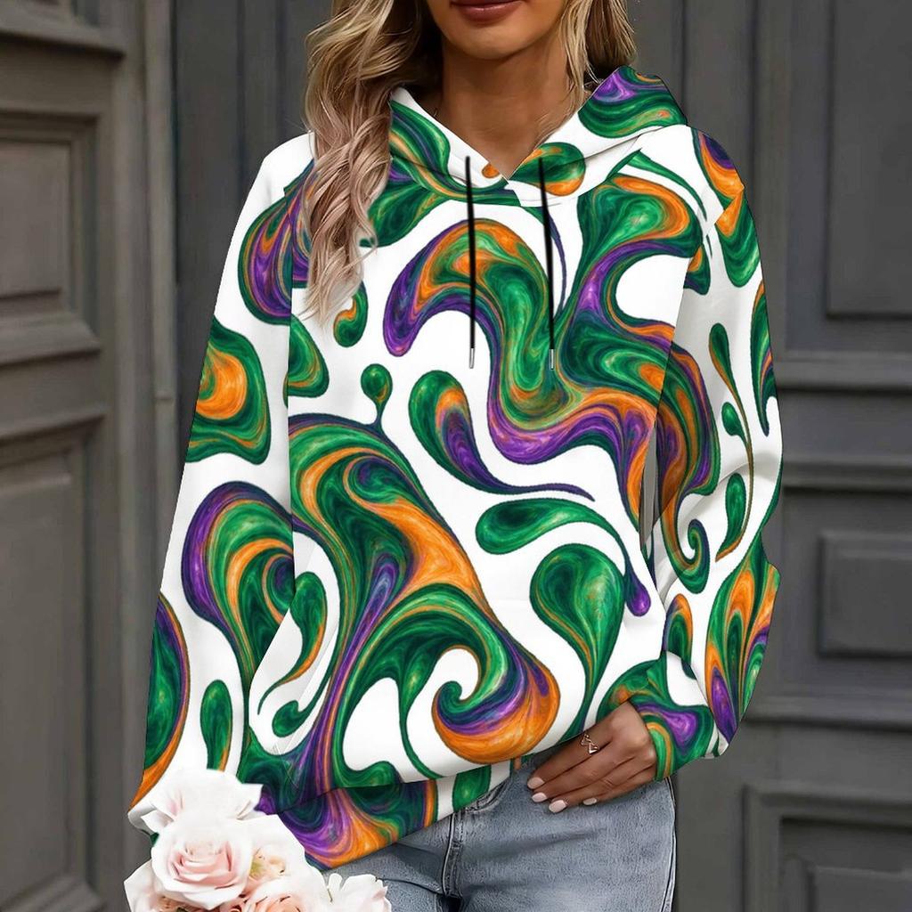 Women Plus Size Long Sleeve Drawstring Hoodie Watercolor Cloud Printed Kangaroo Pocket Pullover