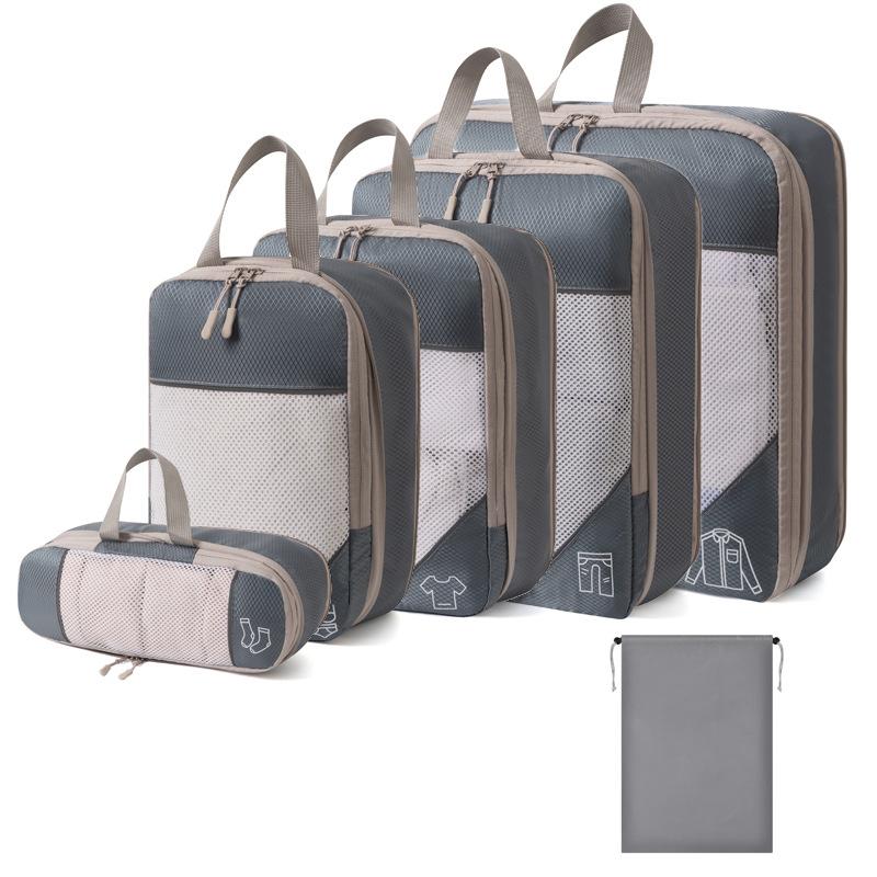 6Pcs Travel Compressed Packing Cubes Storage Organizer Set With Drawstring Bag Luggage Portable Lightweight Suitcase Bag