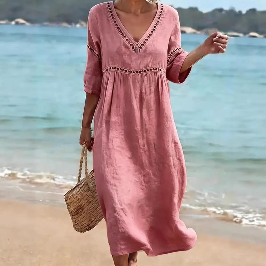 2026 European and American spring and summer new elegant casual V-neck solid color medium-sleeved women's dress