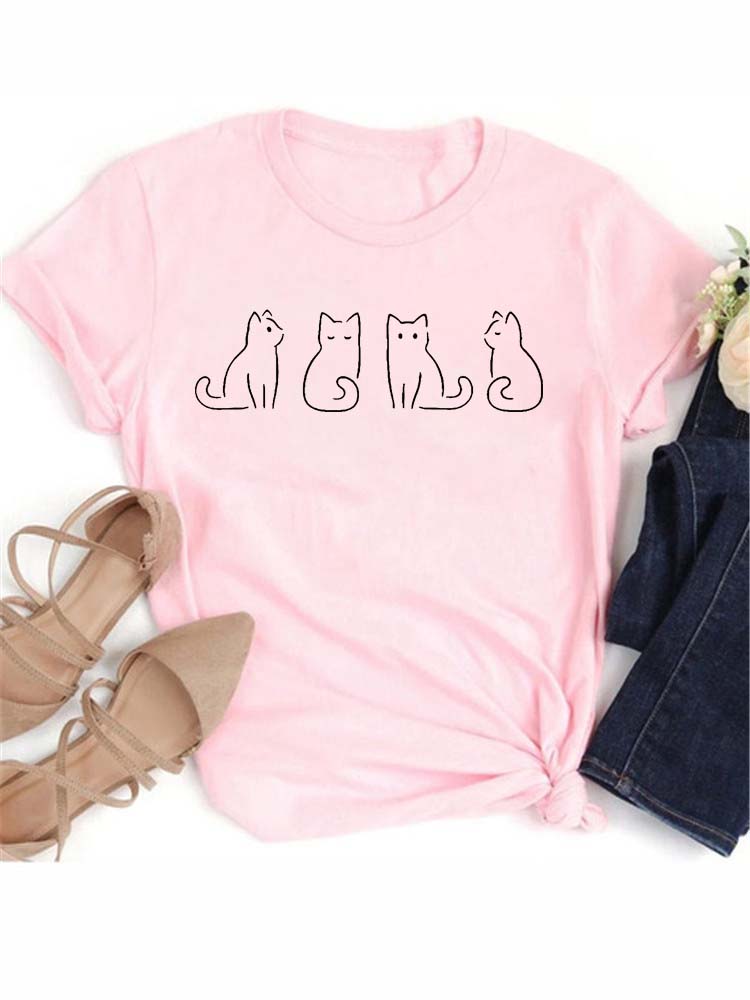 Ny Søt Kjærlighetshjerte Kattetrykk Dame T-skjorte Casual Kort Erm Topp Sommer Dameklær Tegneserie Streetwear Y2k Klær