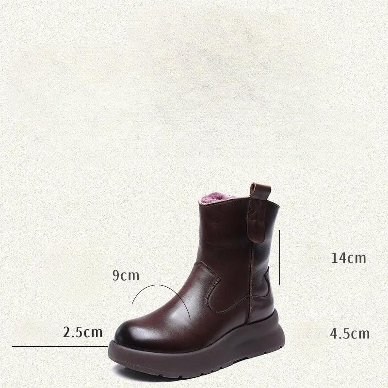 Johnature Genuine Leather Retro Thick Soled Women's Short Boots Versatile Wool Warm Snow Boots