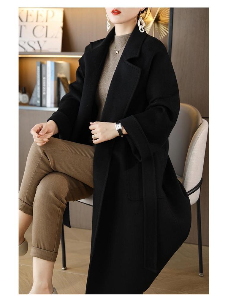 Women's Extra Long Double-Sided 100% Wool Coat with Belt for Autumn and Winter