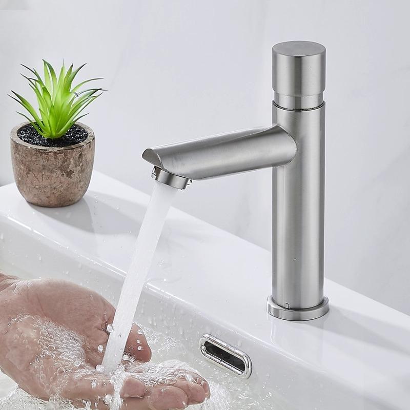 304 Stainless Steel Bathroom Time Delay Basin Faucet Touch Press Single Cold Tap Nickel Public Toilet Time Delay Metered Faucet