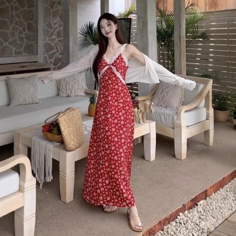 Seaside Vacation Red Floral Suspender Dress Children's Summer New Small Temperament Long Dress Early Spring