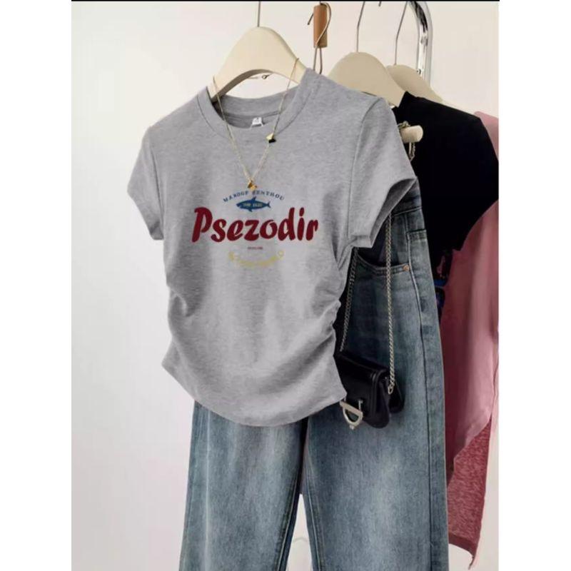 

American-Style Gray Shoulder Lace Short sleeve T-shirt Women 2025 Summer New Design Sense Pleat Short Waist Hugging Top Light gray-pe red letters [without Lace]] L