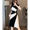 Summer New Elegant Fashion Patchwork Midi Vestido Women Temperament Short Sleeve A-line Robe Ladies Casual Waist Slim Dress