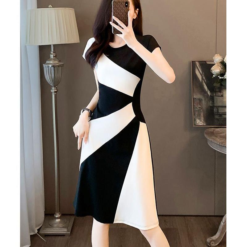 Summer New Elegant Fashion Patchwork Midi Vestido Women Temperament Short Sleeve A-line Robe Ladies Casual Waist Slim Dress